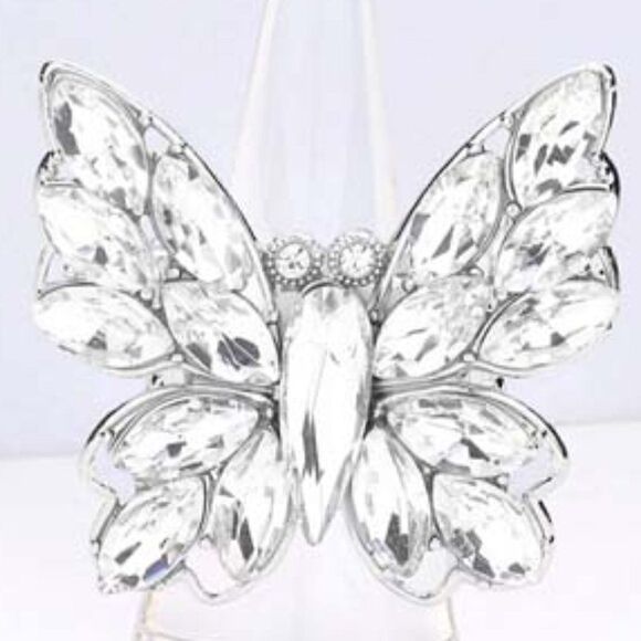 Butterfly Clear Marquise Rhinestone Silver Stretch Ring - Picture 1 of 6
